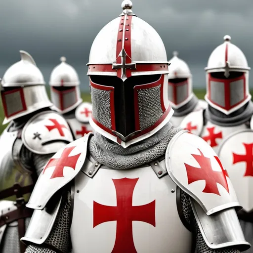 Prompt: Photorealistic photo of the armor and helmet of a Templar knight, white with a red cross on the chest, standing in line among other knights before battle, with a battlefield background and a grey sky, with depth of field, taken with a 50mm lens --ar 1:2 --stylize 750