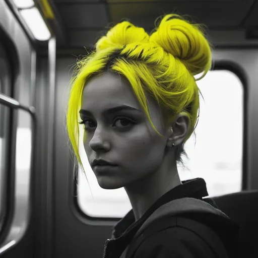 Prompt: zavy-hrglw, macro shot of a beautiful girl on a train, messy bun hair, neon yellow hair, silhouette, skinny, dimly lit, shadow, monochrome, b&w, instagram model, cinematic still, movie screencap, dynamic angle, 100mm f/2.8 macro lens, deep photo, depth of field, shadow,