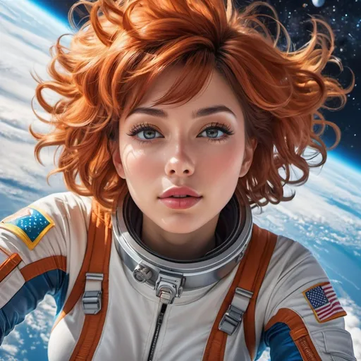 Prompt: <lora:AnimeInked:1.0> <lora:SuperHyperrealism:1.0> top-down upper body shot of a spacewoman laying in the sky miles-high cosmo with a curious expression, hairdo floating messy, HDR, photorealistic 2.5D anime illustration, CGSociety, DSLR, broad color spectrum, gorgeous lips