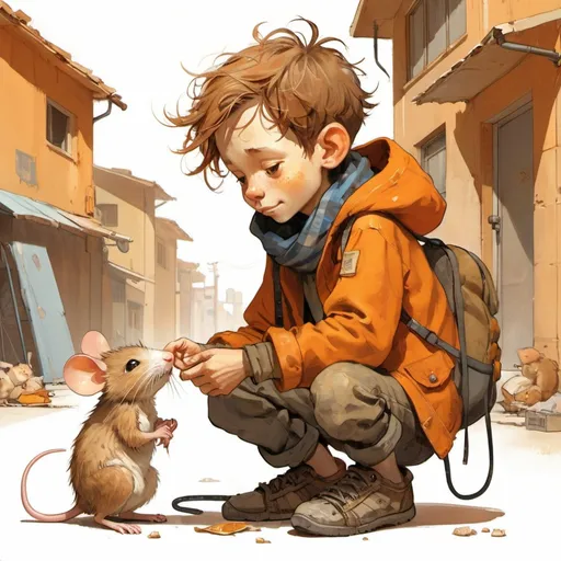 Prompt: character design of homeless boy petting a small chibi mice, close up illustration by demizu posuka warm colors orange values