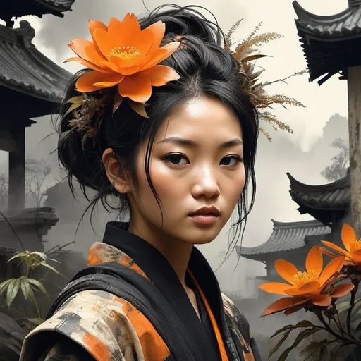 Prompt: Asian woman, beautiful face, black and orange color tones, wabi-sabi art, abstract, punk collage , urbanpunk, flowerpunk, random textures, random graffiti strokes, kanji characters, surreal artwork, Impermanence, greg rutkowski, dynamic lights, plants, fauna and flora, cinematic scene, fantastic, antique ancient ruins, coloured nebulas, misty, by Milo Manara and Russ Mills, masterpiece, dramatic cinematic lighting, emotionally profound, unforgettable, very intricate, fantasy armor, perfect face, artstation, trend on artstation, intricate details, insane details, sharp focus, HDR, warm light