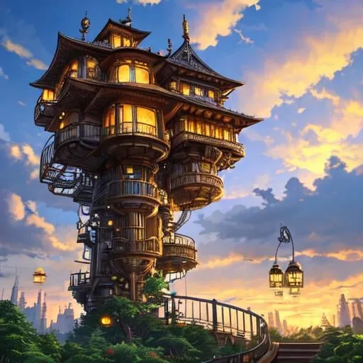 Prompt: steampunk treehouse in metal cityscape, lanterns, stairs, high in the sky, sundown, clouds, high above other buildings, Azulejo, ultrarealistic, world masterpiece, rule of thirds, hyperrealistic, super detailed, HDR, 8k, high quality, trending on artstation, pixv, by Makoto Shinkai, by Hyung-tae Kim, by larry elmore, unreal engine 5 