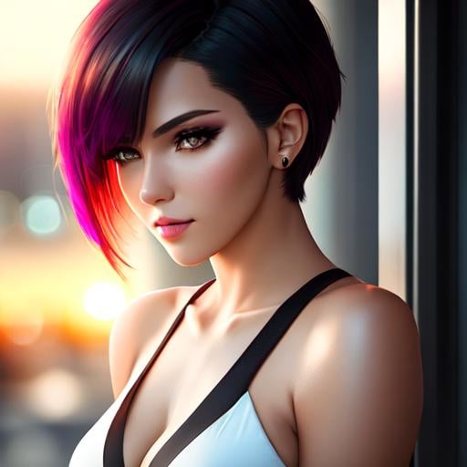 Prompt: portrait photo of a stylish beautiful girl in a future convenience store, asymmetric hair cut, cyberpunk aesthetic, heavenly beauty, 8k, 50mm, f/1. 4, high detail, sharp focus, cowboy shot, perfect anatomy, arms behind back, sunshine on her face, sunset, window side