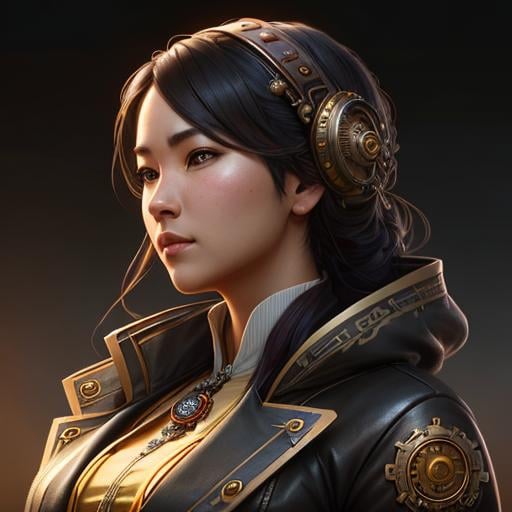 Prompt: steampunk asian, highly detailed, digital painting, artstation, hyperrealistic, sharp focus, illustration, art by artgerm and greg rutkowski and alphonse mucha, 8k, pretty eyes, award-winning cgi, blender, headshot