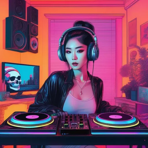 Prompt: korean girl doing dj, goth popart skull makeup, a cinematic photography of calavera asian, cyberpunk, in the background bedroom, artstation, precise lineart, vibrant, Conrad Roset, 8k resolution, hypermaximalist, intricate, highly detailed, concept art, realistic, colorful, vintage show promotional poster