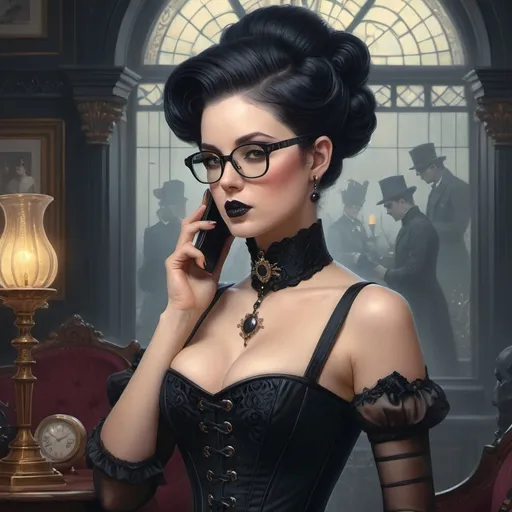 Prompt: a woman in a corset and glasses talking on a cell phone, artstyle tom bagshaw, goth aesthetics, style of tom bagshaw, victorian goth, in the style of tom bagshaw, goth woman, ornamental gothic - cyberpunk, tom bagshaw art style, cyberpunk dark fantasy, in style of tom bagshaw, gothic horror vibes, gothic aesthetic