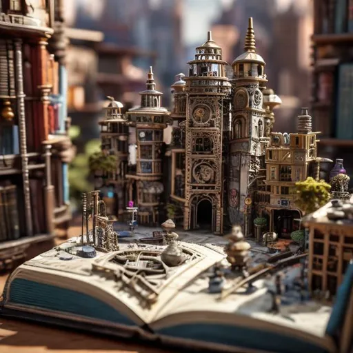 Prompt: [open book on table/miniature city rises from pages/ultra detailed city with buildings,streets/(1.0)] [buildings made of tiny sprockets and gears/springs/metallic/multi colored (0.9)] [wooden table/library/bookshelves/soft focus background (0.8)] wide shot [ultra high resolution 8k quality "highly detailed image" (0.7) ]"