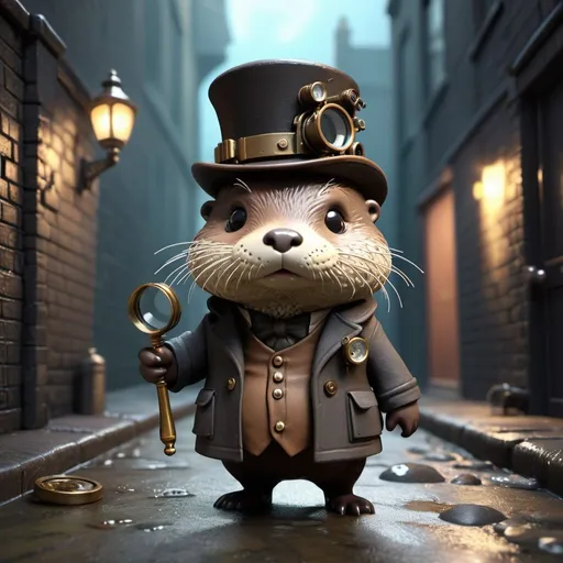 Prompt: steampunk tiny chibi chubby otter, holding a magnifying glass, wearing a overcoat with top hat, standing character,  in a dark alley looking for clues, scatter broken clam dripping with water, on streets of London, soft smooth lighting, soft pastel colours, skottie young, 3d blender render, polycount, modular constructivism, pop surrealism, physically based rendering,
