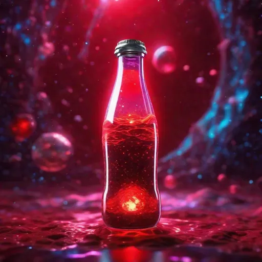 Prompt: lava lamp made from soda bottle. Stars floating through the liquid, intricate meticulously detailed dramatic atmospheric red maximalist digital matte painting background: light shining, red full moon behind it; 8k resolution holographic astral cosmic 