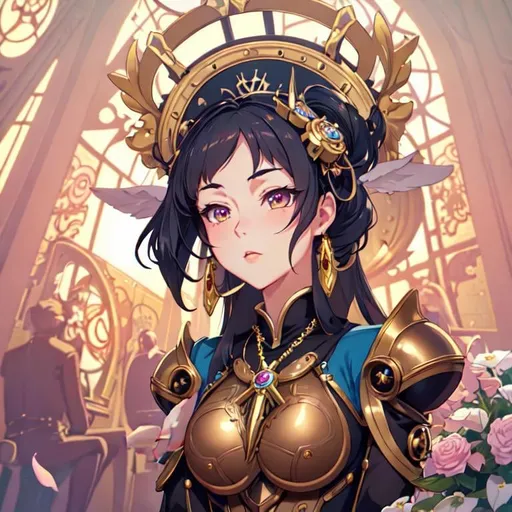 Prompt: lushill style, very cute steampunk princess, anime style, comics style, soft skin, soft color, high light, scifi, at the throne in a castle, stain glass windows, technology, mechanism, eyes on camera, looking to camera, art by rossdraws, on one knee proposing, holding a bouquet of flowers, blushing, looking away nervously