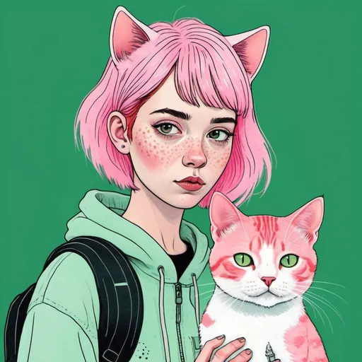 Prompt: An illustration of a quirky girl with pink hair, in the style of Flat shading, Gemma Correll, with freckles and a cat on her shoulder, photo-manipulated, cyberpunk genre, pastel green --ar 48:85 --niji 5