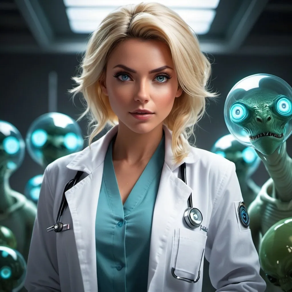 Prompt: Stunning low angle action pose::8 real Rick Sanchez (female) in a labcoat::10 surrounded by creatures aliens, goes in elaborate laboratory as a model::6 hyper detailed::9 ultra stunning lighting, swirling amber smoke, beautiful alluring stare, gorgeous female, fit, beautifully lit, dark atmosphere, alluring pose, head shot, stunning Concept art by: Stanley Artgerm, Darek Zabrocki, and Ross Draws, beautifully color - coded, unreal render::9 --upbeta --s 1000 --q 5 --ar 1:2 --v 5