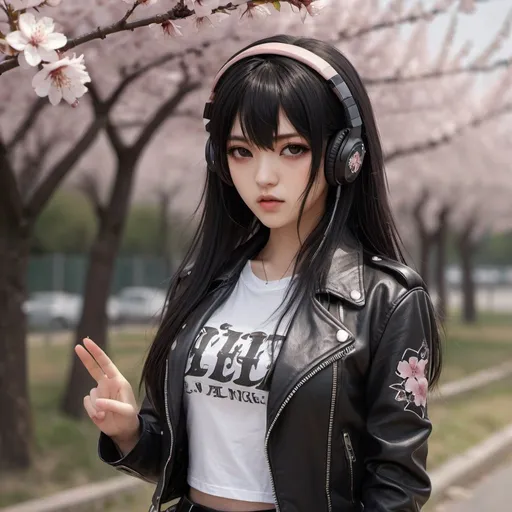 Prompt: masterpiece,ultra realistic,32k,extremely detailed CG unity 8k wallpaper, best quality, Korean girl, beautiful face, 25-year-old idol, long black hair, white shirt, short skirt, heavy metal outfit,  (masterpiece),(best quality),(ultra-detailed), (full body:1.2), 1girl,cute, yelling into a microphone stand, stage, outdoors, playing fender guitar, music, goth makeup, spike leather jacket, blush, , :3, shirt, long hair, cherry blossoms,  headwear, blurry, brown hair, blush stickers, long sleeves, bangs, headphones, black hair, black rose flower, (beautiful detailed face), (beautiful detailed eyes),