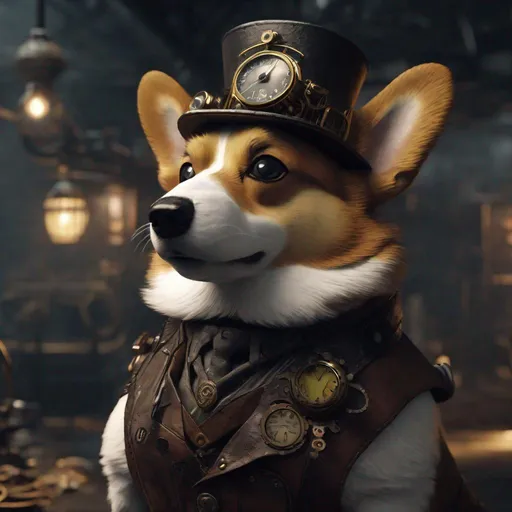 Prompt: steampunk corgi in a dark moody environment, 4k realistic, detailed