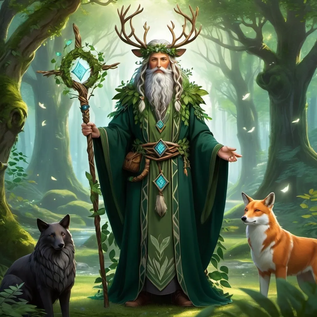 Prompt: A mystical druid with an intricate robe adorned with natural elements like leaves and vines, wielding a staff entwined with living wood. They stand in a tranquil forest glade, surrounded by animals and magical runes, embodying a harmonious connection with nature and ancient wisdom.