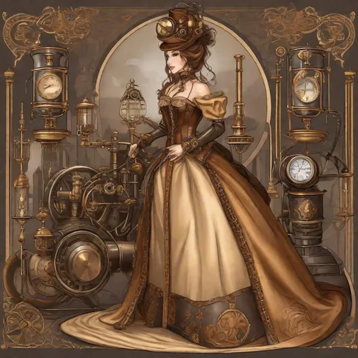 Prompt: image of a steampunk princess in leather gown, incorporating classic elements of the genre, such as Victorian-influenced fashion, brass and copper gadgets, and clockwork accessories. The princess should exude elegance and intelligence, with subtle hints of her royal status, such as a cog-shaped tiara or a mechanized scepter. Her attire should blend traditional royal garments with industrial elements, set against a backdrop that features steam-powered technology and anachronistic inventions. Capture the essence of steampunk aesthetics while highlighting her regal demeanor.