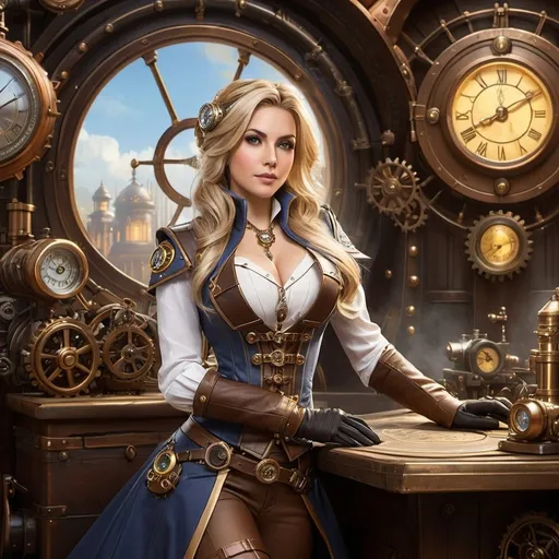 Prompt:  image that embodies the essence of Jaina Proudmoore from world of warcraft in a steampunk setting. The depiction should blend human sorcesses recognizable traits with Victorian-era industrial influences, featuring mechanical gadgets, cogs, and steam-powered machinery. Her attire should be a fusion of her usual style and classic steampunk fashion, including brass accessories and leather accents. Ensure the background reflects a retro-futuristic landscape, with airships and intricate gear architecture. Emphasize both the whimsy of streamer culture and the gritty aesthetic of the steampunk genre.