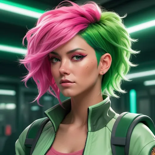 Prompt: a colorful ecopunk woman with colorful hair, in the style of martin ansin, light green and light emerald, akira toriyama, solarizing master, y2k aesthetic, dark pink and green, magali villeneuve --ar 1:2 --stylize 750 --v 6