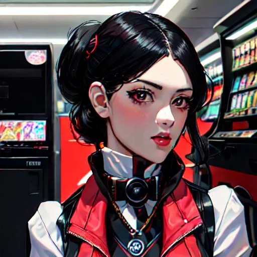 Prompt: masterpiece, best quality, upper body, anime woman, jet black hair with gear accessories, office lady, wearing skirt, playing mini arcade fighter cabinet in front of convenience store, many vending machines near, Dan Content, sakimi chan, an anime drawing, computer art