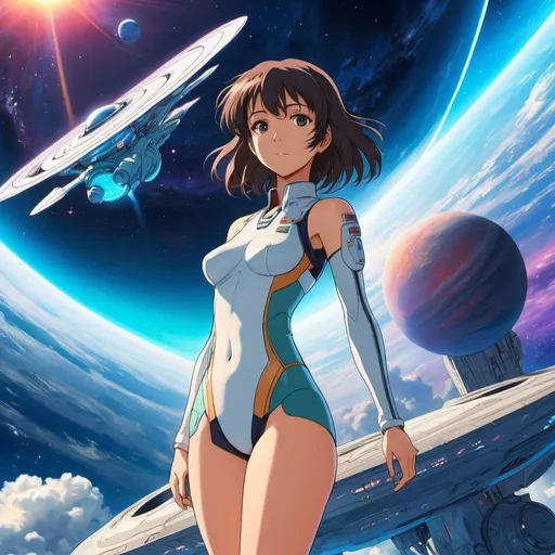 Prompt: anime girl standing on a planet with a spaceship in the background, style of shoji kawamori, anime art nouveau cosmic display, colorful anime movie background, sci fi anime, anime key visual concept art of, dreamy psychedelic anime, makoto shinkai and artgerm, sci-fi anime, style of macross, hiroyuki takahashi color scheme