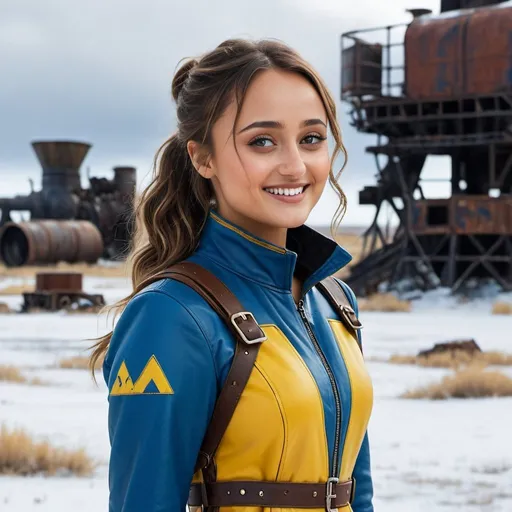 Prompt: 8k profile view photo of smiling Ella Purnell, age 25, wearing a fallout jumpsuit 33, blue with yellow trim middle,  blue ponytail, brown long hair, black leather boots, standing in a snowy the broken wasteland in the background, highres, detailed facial features, iconic smile, bustling scene, professional lighting, iconic landmark, sophisticated, vibrant colors, atmospheric lighting