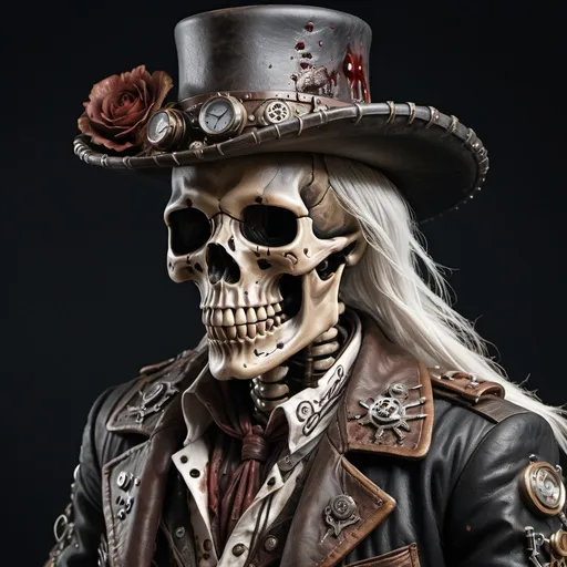 Prompt: a steampunk Overdetailed Photorealistic Portrait of a Blackened Skeleton Cowboy, Detailed skull Face, White Wispy hair Detailed Hands, Splatters of blood on Duster, Intricately Detailed, Award Winning, Photograph, Film Quality, Epic Masterpiece