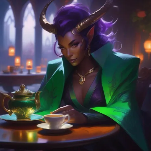 Prompt: a dark purple skin sorcerer tiefling sitting at a table with a cup of tea, at a traven, by Ross Tran, fantasy art, green neon, with horns, artwork in the style of guweiz, discord profile picture