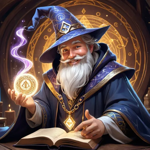 Prompt: Male, wizard, a little fat, jovial face, smiling, magic, spellbook, fantasy+++, runes, swirling magic, short hair, big wizard hat++, beard, happy