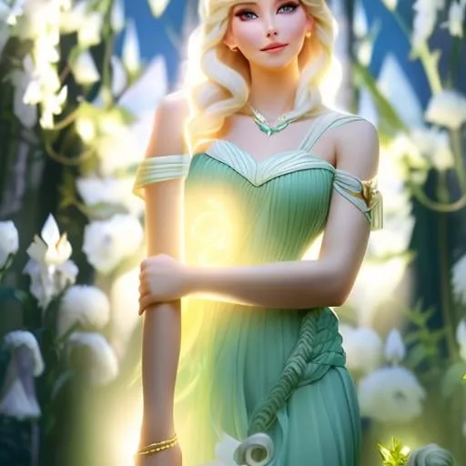 Prompt: there is a blonde woman in a green dress with a braided flowing behind her back, anime woman full body art, jonathan ivy, elsa, inspired by Antonio Canova, long luxurious blond hair, official fanart behance hd, formal attire, from ff7, beatrice blue, deviant adoptable, 3/4 view realistic, cgsociety, the dress\'s lower, ellora