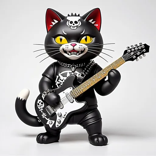 Prompt: Maneki Neko Cat playing a fender guitar wearing a black t-shirt with skull logo, black mohawk, choker, metal chain belt, spiked wristbands, metal pierces, 