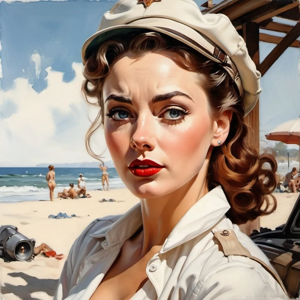 Prompt: Gil Elvgren and Norman Rockwell style closeup woman, oil painting, expressive emotion, Lou Xaz, beach, in a post apocalyptic park. White background with a touch of watercolor, Film noir, Photorealistic Chiaroscuro