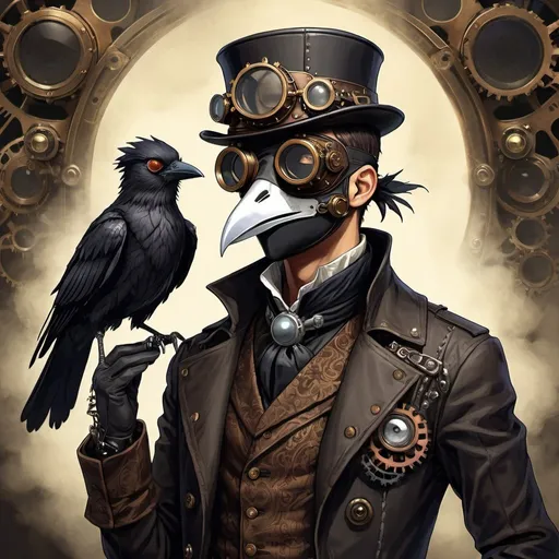Prompt: a steampunk man with a bird mask on his head, steampunk male portrait, wearing dark victorian goggles, wearing victorian dark goggles, detailed anime character art, inspired by Kawabata Ryūshi, high quality steampunk art, crow head, ( steampunk ), (steampunk), portrait of a bloodborne hunter, steampunk illustration, crow portrait!!!!!, steampunk era