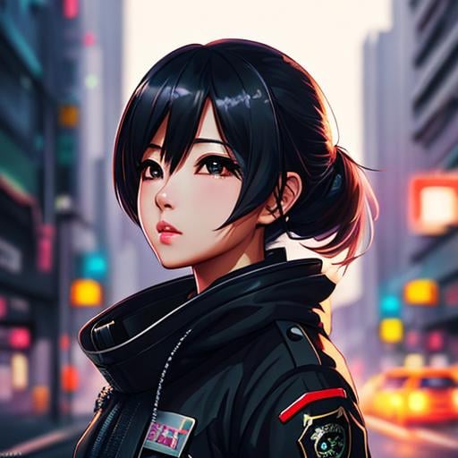 Prompt: female street rat, asian, anime illustration, digital painting, modern dystopian, grunge style, scatter debris, soft lighting bokeh, sharp focus, perfect composition, ultra detailed, trending on artstation, pixiv, trending on Instagram, nightfall, 8k, robotic police army, ssao, 