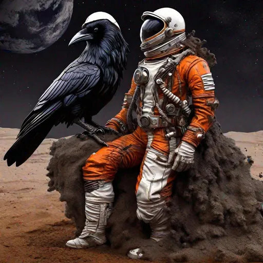 Prompt: a raven is in space suit, standing in the dirt, in the style of fantasy art, dark white and dark orange, steampunk, flickr, charming characters, marine painter, hd --ar 10:13