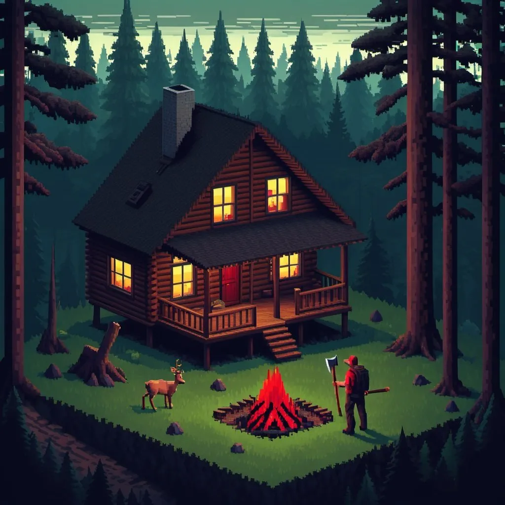 Prompt: A cabin in the woods, bloody man with an axe, isometric pixel art, 64x64, digital art, forest in the background, deer in the foreground, nightfall