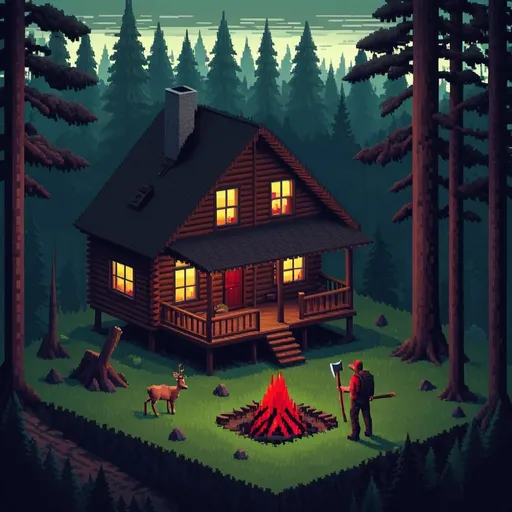 Prompt: A cabin in the woods, bloody man with an axe, isometric pixel art, 64x64, digital art, forest in the background, deer in the foreground, nightfall