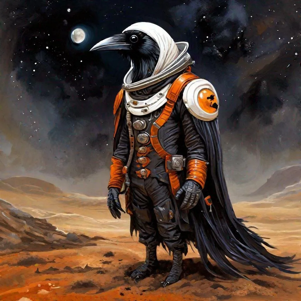 Prompt: a raven is in space suit, standing in the dirt, in the style of fantasy art, dark white and dark orange, steampunk, flickr, charming characters, marine painter, hd --ar 10:13