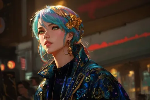 Prompt: Beautiful anime painting of solarpunk summer chill day, by tim okamura, victor nizovtsev, greg rutkowski, noah bradley. trending on artstation, 8k, masterpiece, graffiti paint, fine detail, full of color, intricate detail, golden ratio illustration, close up, portrait, headshot