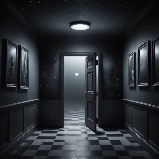 Prompt: Create an image of a surreal scene inspired by the Twilight Zone. The central focus should be a white, closed door, floating amidst the backdrop of outer space. The door should appear mysterious and out of place, accentuating a sense of otherworldly intrigue. Surrounding space should be dark, speckled with distant stars, enhancing the eerie and isolated feel of the scene. The composition should capture the eeriness and the unexpectedness typical of a Twilight Zone episode, with a high level of detail and a realistic yet fantastical aesthetic.