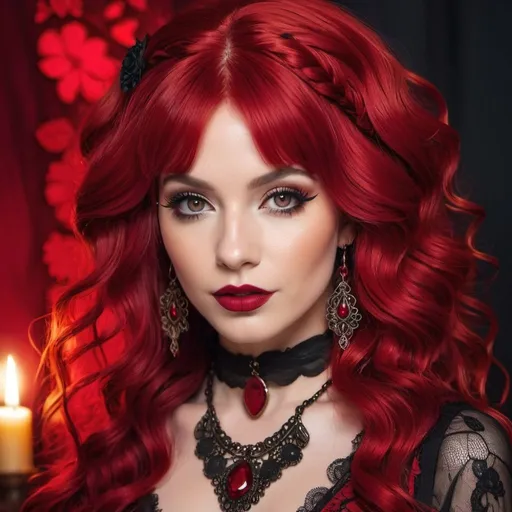 Prompt: a hippie women with crimson red hair and gothic makeup is posing for a picture in a crimson red lace dress and crimson red lipstick is wearing a crimson red wavy wig, red glowing eyes, ruby jewelry, Artgerm, ecopunk, crimson red theme, a character portrait