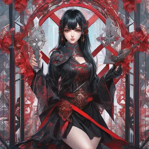 Prompt: anime girl with black hair and piercings holding a cross, realistic anime artstyle, several character designs, russian clothes, character design : : gothic, cover manga, icon for an ai app, red colored, ethnicity : japanese, dreamy cyberpunk girl