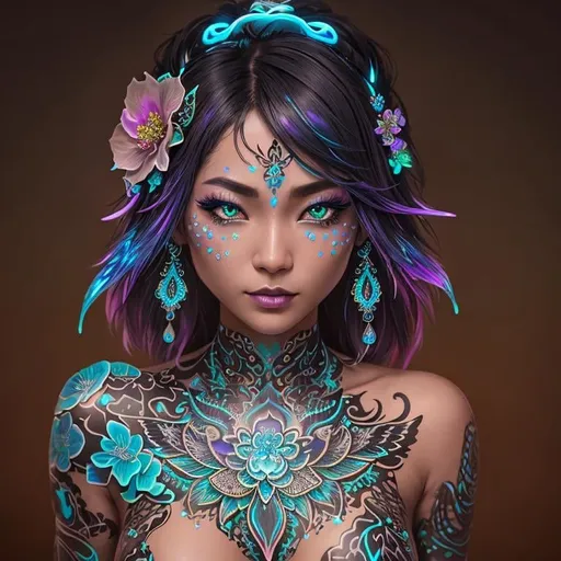 Prompt: Bioluminescent body art, full body Bioluminescent  tattoo, intricate detailed style of colourful, japanese gorgeous woman,  hyperdetailed Bioluminescent gases painting, heavy strokes, paint dripping glowing neon Bioluminescent paints and wild rift, sharp focus digital detailed by Mr Muz., Miki Asai Macro photography, close-up, hyper detailed, trending on artstation, sharp focus, studio photo, intricate details, highly detailed, by greg rutkowski, Bioluminescent skin, bioluminscent silk kimono