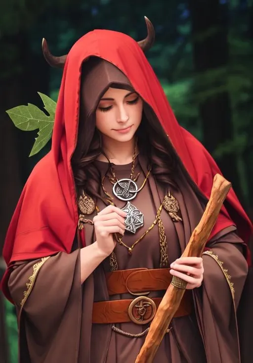 Prompt: wiccan, beautiful pretty nun, horned god, cernunnos, brown cloak with hood, nature oak staff, wooden accessories, dark forest and animals, ringbearer, celtic tribal, oak leaf hair, rabbit pelts belt