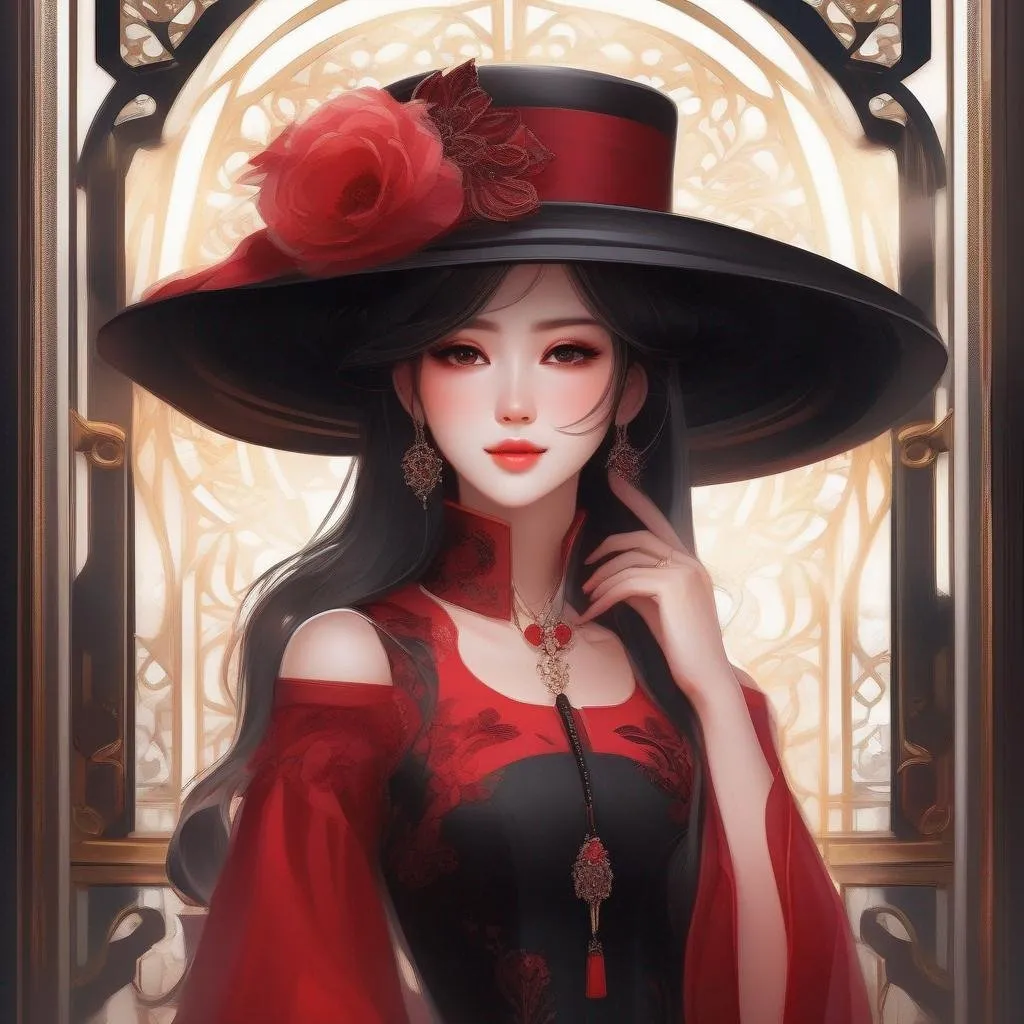 Prompt: a woman in a black hat and red dress, a character portrait by Pu Hua, pixiv contest winner, rayonism, goth, booru, official art, trending on Artstation, art nouveau, official art, artstation hd, detailed painting