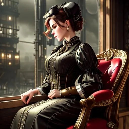 Prompt: A fashionable woman wearing a steampunk dress sitting on a vintage chair, in the style of studio portrait, with moody lighting, rustic, elegant, mysterious, edgy, focused, captured with a wide-angle camera, photographic, misty cityscape with a lush green palette and a gritty, industrial look, highly detailed, realistic, atmospheric, immersive, 8k, trending on Artstation, 