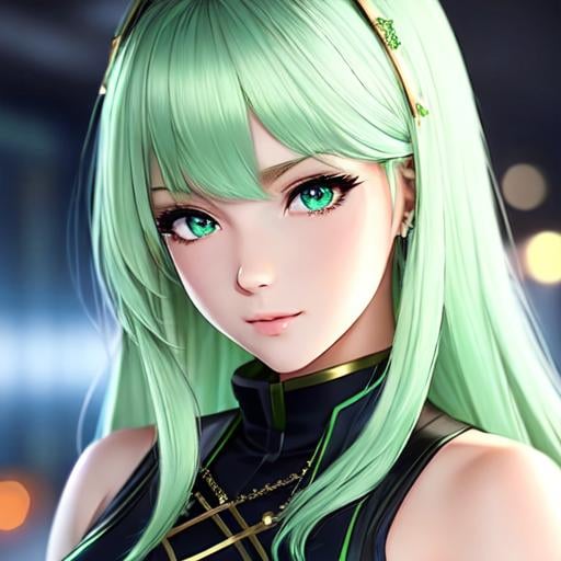 Prompt: <https://cdn.openart.ai/uploads/image_ZUnCZkMN_1681093149477_512.webp> anime girl with pale green hair, hyperrealistic, sleeveless golden suit, detailed pupil, depth of field –q 2 –niji