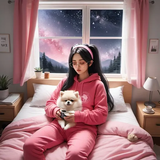 Prompt: 1girl, sleeping in bed next to a large window, eyes closed, sleeping, steaming coffee cup on nightstand, wearing silver circle glasses, pink comfy hoodie, long hair black hair with lily headpiece, low ponytail hairstyle, head resting on pillow, laying on the bed, hoodie, white little pomeranian plushy, facing viewer, tidy bedroom, small room, cramped bedroom, red keyboard, pink pillows, wearing pink pajama, starry night view out of the window