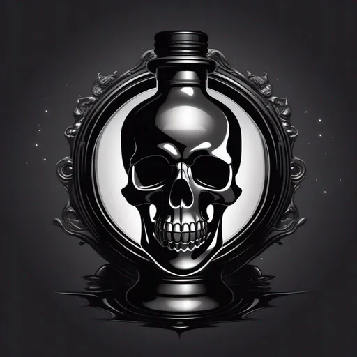 Prompt: A digital art of a black liquid potion in the middle center of a pitch black background with a gray backlight by Greg Rutkowski, skull logo in the middle