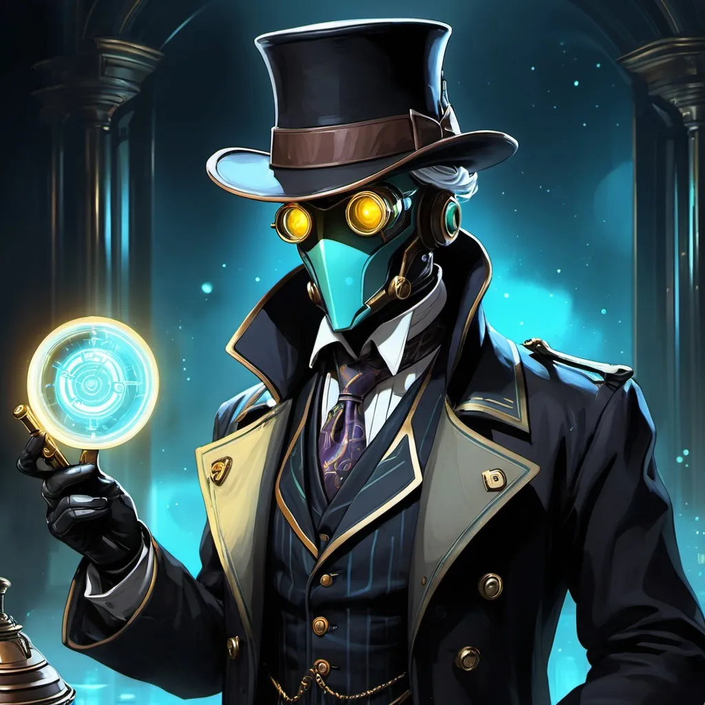 Prompt: steampunk warframe in a hat and coat with a tie, benevolent android necromancer as Doctor Watson, eldritch journalist, lofi bioshock steampunk portrait, granny weatherwax, clockwork automaton, clockwork horror, sectoid, andrews esao artstyle, corvo attano, fallout 5 official art, eerie and grim art style