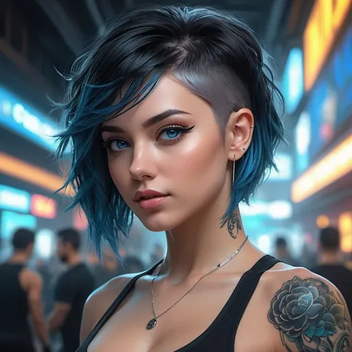 Prompt: beautiful pale cyberpunk muscular female with heavy black eyeliner, black tube top, black yoga tights, blue eyes, short hair, tattoos, hyper detail, cinematic lighting, neon hair, neon light city, trending on artstation, pixiv, perfect detail, Jeremy Mann, Rutkowski, and other Artstation illustrators, intricate details, face, full body portrait, in a gym, illustration, UHD, 4K, high resolution face, detailed face, high definition eyes, detailed eyes